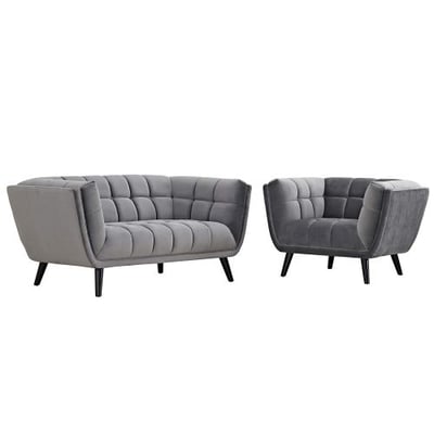 Modway EEI-2973-GRY-SET Bestow Upholstered Velvet Button-Tufted Loveseat and Armchair 2-Piece Set Gray