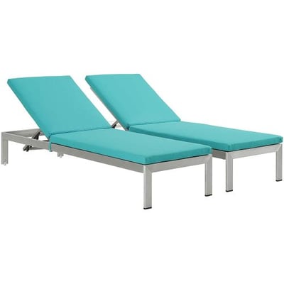 Modway Shore Set of 2 Outdoor Patio Aluminum Chaise with Cushions in Silver Turquoise