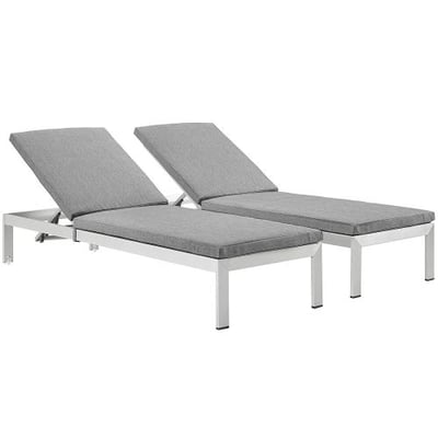 Modway Shore Set of 2 Outdoor Patio Aluminum Chaise with Cushions in Silver Gray