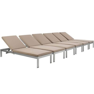 Modway Shore Outdoor Patio Aluminum Chaise with Cushions (Set of 6), Silver Mocha