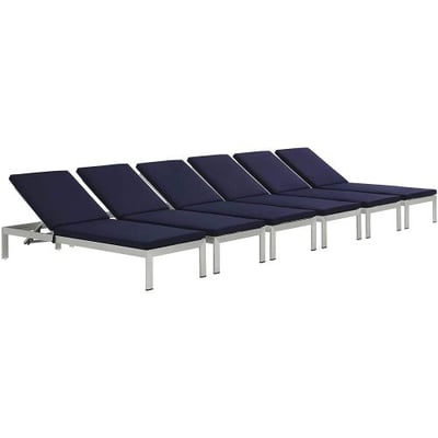 Modway Shore Outdoor Patio Aluminum Chaise with Cushions (Set of 6), Silver Navy