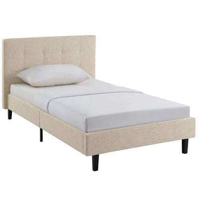 Modway MOD-5422-BEI Linnea Upholstered Platform Bed with Wood Slat Support in Twin, Beige