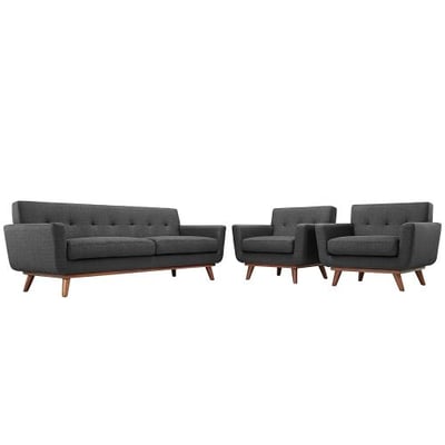 Modway EEI-1345-DOR Engage Mid-Century Modern Upholstered Sofa and Armchairs, Set of 3 Gray