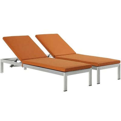 Modway Shore Set of 2 Outdoor Patio Aluminum Chaise with Cushions in Silver Orange