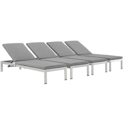 Modway Shore Outdoor Patio Aluminum Chaise with Cushions (Set of 4), Silver Gray