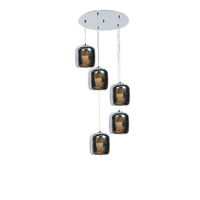 Dor 5-Light LED Cluster Pendant - Mirrored Stainless Steel Outer, Smoked Amber Glass Inner Diffuser