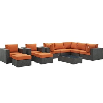 Modway Sojourn Casual Seating 10 Piece Outdoor Patio Rattan Sectional Set With Sunbrella Brand Tuscan Orange Canvas Cushions