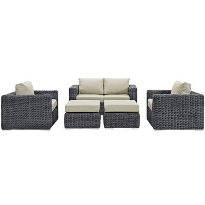 Modway Summon 5 Piece Outdoor Patio Sectional Set With Sunbrella Brand Antique Beige Canvas Cushions