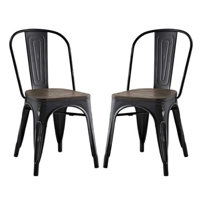 Modway Promenade Stackable Modern Aluminum Two Bistro Dining Side Chair Set With Bamboo Seat in Black