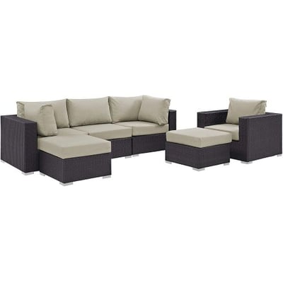 Modway Convene Wicker Rattan 6-Piece Outdoor Patio Sectional Sofa Furniture Set in Espresso Beige