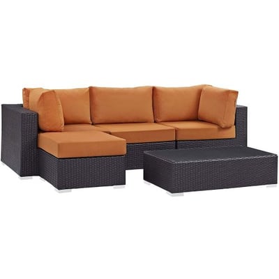 Modway Convene Wicker Rattan 5-Piece Outdoor Patio Sectional Sofa Furniture Set in Espresso Orange