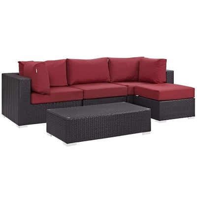 Modway Convene Wicker Rattan 5-Piece Outdoor Patio Sectional Sofa Furniture Set in Espresso Red