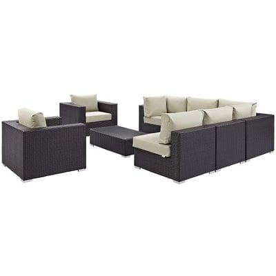 Modway Convene Wicker Rattan 8-Piece Outdoor Patio Sectional Sofa Furniture Set in Espresso Beige