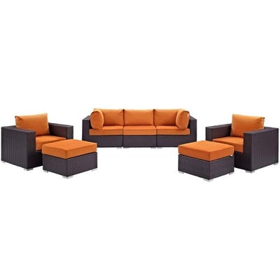 Modway Convene 7 Piece Patio Sofa Set in Espresso and Orange