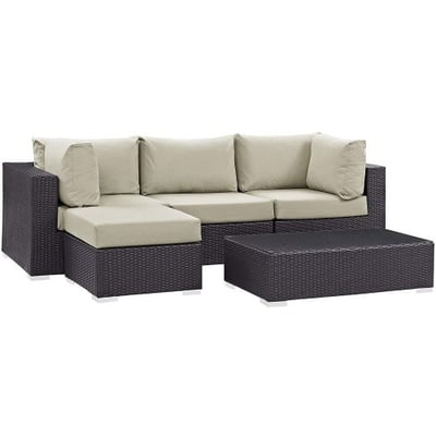 Modway Convene Wicker Rattan 5-Piece Outdoor Patio Sectional Sofa Furniture Set in Espresso Beige