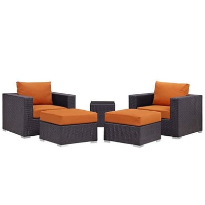 Modway Convene Wicker Rattan 5-Piece Outdoor Patio Furniture Set in Espresso Orange