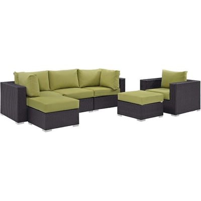 Modway Convene Wicker Rattan 6-Piece Outdoor Patio Sectional Sofa Furniture Set in Espresso Peridot