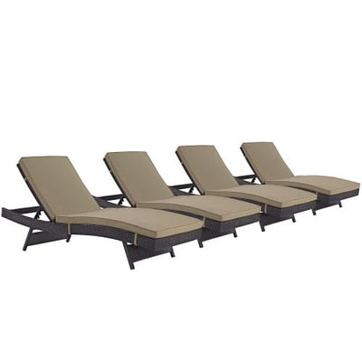 Modway Convene Wicker Rattan Outdoor Patio Chaise Lounge Chairs in Espresso Mocha - Set of 4