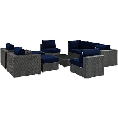 Modway Sojourn Casual Seating 10 Piece Outdoor Patio Rattan Sectional Set With Sunbrella Brand Navy Canvas Cushions