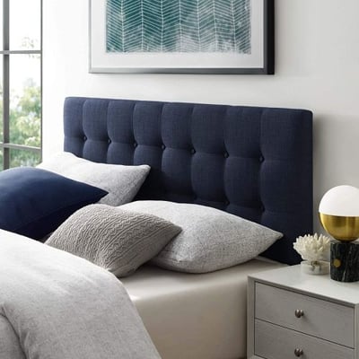 Modway Emily Tufted Button Linen Fabric Upholstered Full Headboard in Navy
