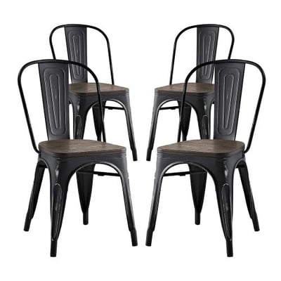 Modway Promenade Stackable Modern Aluminum Four Bistro Dining Side Chair Set With Bamboo Seat in Black