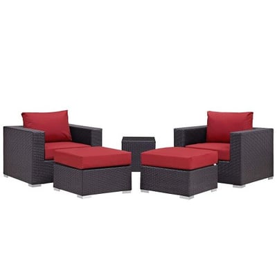 Modway Convene Wicker Rattan 5-Piece Outdoor Patio Furniture Set in Espresso Red