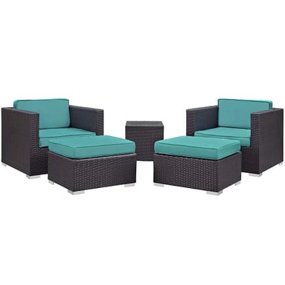 Modway Convene Wicker Rattan 5-Piece Outdoor Patio Furniture Set in Espresso Turquoise
