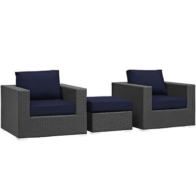 Modway Sojourn 3 Piece Outdoor Patio Sectional Set With Sunbrella Brand Navy Canvas Cushions