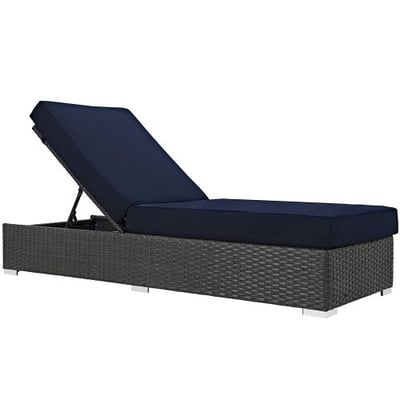 Modway Sojourn Outdoor Patio Rattan Chaise Lounge With Sunbrella Brand Navy Canvas Cushions