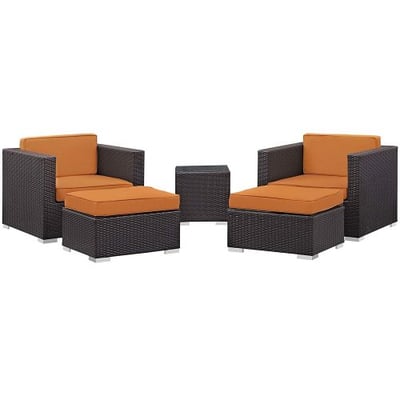 Modway Convene Wicker Rattan 5-Piece Outdoor Patio Furniture Set in Espresso Orange