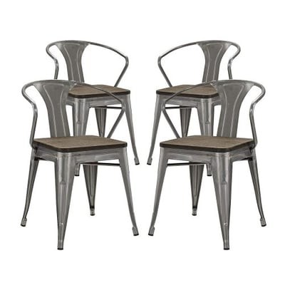 Modway Promenade Modern Aluminum Four Bistro Dining Chair Set With Bamboo Seat in Gunmetal