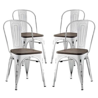 Modway Promenade Stackable Modern Aluminum Four Bistro Dining Side Chair Set With Bamboo Seat in White