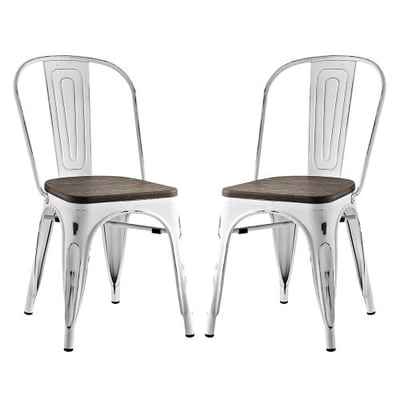 Modway Promenade Stackable Modern Aluminum Two Bistro Dining Side Chair Set With Bamboo Seat in White