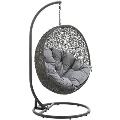 Modway EEI-2273-GRY-GRY Hide Wicker Rattan Outdoor Patio Balcony Porch Lounge Egg Swing Chair Set with Stand Gray