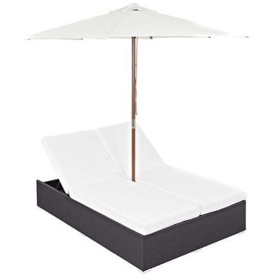 Modway Convene Wicker Rattan Outdoor Patio Double Chaise Lounge Chair and Umbrella Set in Espresso White