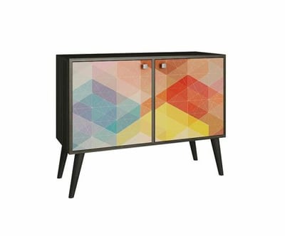 Manhattan Comfort Funky Avesta Side Table 2.0  with 3 Shelves in an Oak Frame with a Colorful Stamp Door