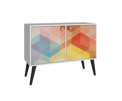 Accentuations by Manhattan Comfort Funky Avesta Side Table 2.0 with 3 Shelves in a White Frame with a Colorful Stamp Door