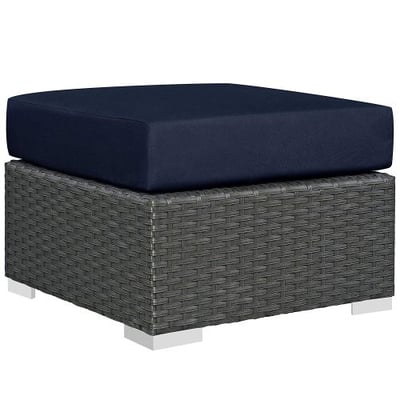 Modway Sojourn Outdoor Patio Rattan Ottoman With Sunbrella Brand Navy Canvas Cushions