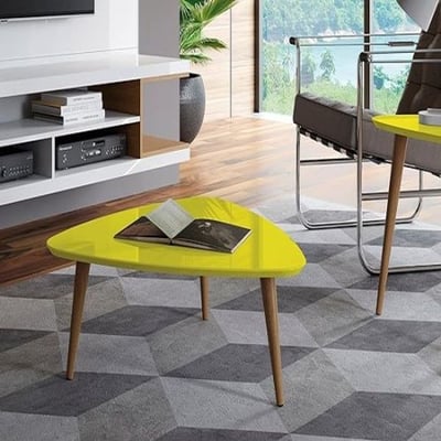 Manhattan Comfort Utopia Collection Mid Century Modern Low Triangle Accent Living Room Style Coffee Table, Yellow