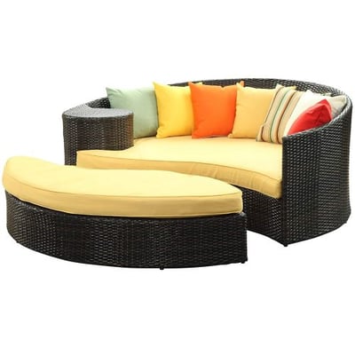 Modway Taiji Outdoor Wicker Patio Daybed with Ottoman in Brown with Orange Cushions