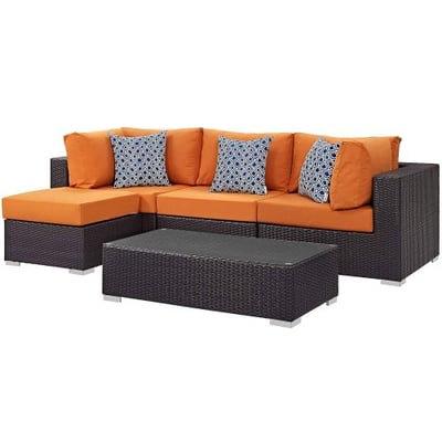 Modway Convene Wicker Rattan 5-Piece Outdoor Patio Sectional Sofa Furniture Set in Espresso Orange