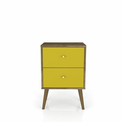 Manhattan Comfort Liberty Mid Century - Modern Nightstand 2.0 with 2 Full Extension Drawers in Rustic Brown & Yellow