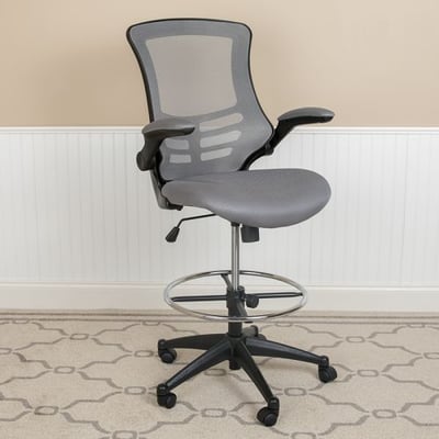 Mid-Back Dark Gray Mesh Ergonomic Drafting Chair with Adjustable Foot Ring and Flip-Up Arms