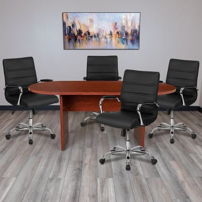 5 Piece Cherry Oval Conference Table Set with 4 Black and Chrome LeatherSoft Executive Chairs