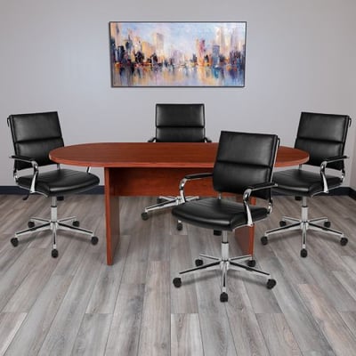 5 Piece Cherry Oval Conference Table Set with 4 Black LeatherSoft Panel Back Executive Chairs