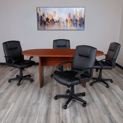 5 Piece Cherry Oval Conference Table Set with 4 Black LeatherSoft-Padded Task Chairs