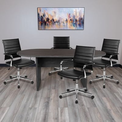 5 Piece Rustic Gray Oval Conference Table Set with 4 Black LeatherSoft Ribbed Executive Chairs