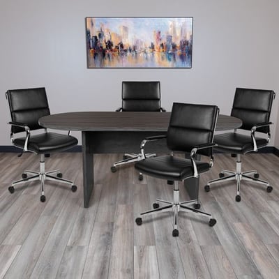5 Piece Rustic Gray Oval Conference Table Set with 4 Black LeatherSoft Panel Back Executive Chairs