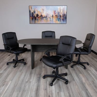 5 Piece Rustic Gray Oval Conference Table Set with 4 Black LeatherSoft-Padded Task Chairs