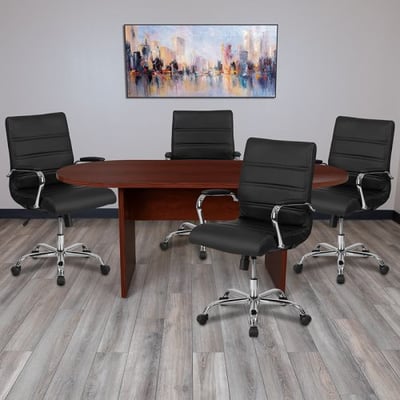 5 Piece Mahogany Oval Conference Table Set with 4 Black and Chrome LeatherSoft Executive Chairs